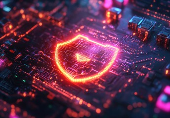 Poster - Digital Security Shield Rendered on Circuit Board with Neon Lights Emphasizing Cyber Protection and Technology Innovation in Modern Computing