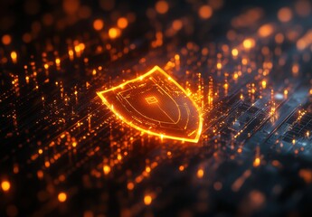 Poster - Digital Shield Symbolizing Cybersecurity and Data Protection with Glowing Elements and Abstract Background of Lights and Lines