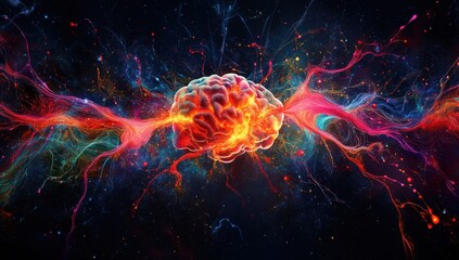 Poster - Electric Brain Waves Illuminating Colors in a Cosmic Space Background Representing Creativity, Intelligence, and Human Thought Processes