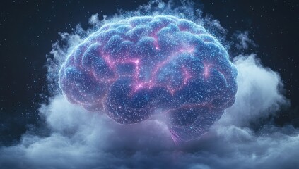 Poster - Ethereal Digital Brain with Glowing Neural Connections Surrounded by Soft Clouds and Stars in an Enchanted Cosmic Space
