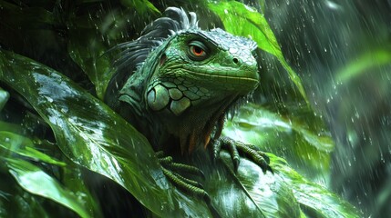 Poster - Grumpy iguana perches under massive jungle leaf glaring as rain cascades down The Pixarstyle scene showcases the vibrant green foliage and dramatic storm clouds adding humor to the iguanas frustration