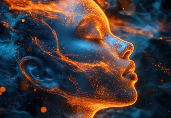 Poster - Ethereal Portrait of a Woman with Vivid Orange and Blue Light Effects Creating a Mystical Atmosphere and Celebrating Beauty of Emotion and Luxury