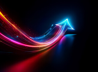 Poster - Vibrant, glowing arrow streaks upwards on a dark backdrop, symbolizing progress and forward motion.  Dynamic neon trails in blue, red, and yellow create a sense of speed and energy.