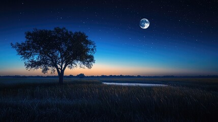Wall Mural - A serene landscape illuminated by the soft glow of moonlight, with a clear night sky.
