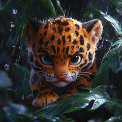 Poster - Grumpy jaguar cub huddles under a large jungle leaf its fur drenched from the rain The Pixarstyle jungle scene shows thick foliage pouring rain and the cub's comedic frustration
