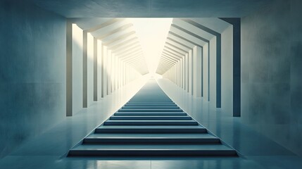 Poster - Long stairway leading to bright light with symmetrical shapes and balanced colors in a serene environment