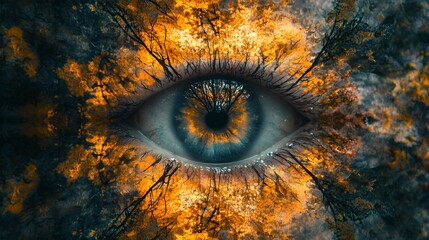 Poster - Close up of a human eye surrounded by fire with balanced shapes and colors in a symmetrical pattern