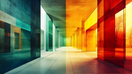 Poster - Long hallway featuring multiple colored walls with symmetrical design and balanced shapes and colors