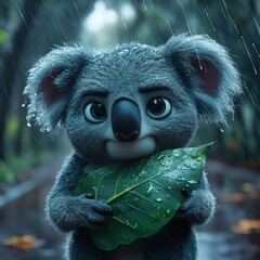 Poster - Grumpy koala clutches a huge jungle leaf for cover its annoyed expression illuminated by lightning in the distance The Pixarinspired jungle scene is full of rainsoaked humor and dark dramatic clouds