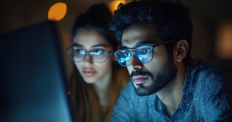Aufkleber - Focused young adults collaborating on computer work at night, illuminated by blue light, showcasing concentration and teamwork in a digital environment