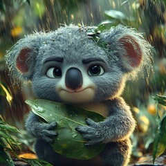 Poster - Grumpy koala clutches a huge jungle leaf for cover its annoyed expression illuminated by lightning in the distance The Pixarinspired jungle scene is full of rainsoaked humor and dark dramatic clouds