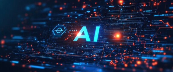 Aufkleber - Futuristic Abstract Digital Background with AI Concept in Blue Glow and Circuit Patterns for Technology and Innovation Themes