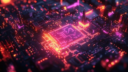 Poster - Futuristic Abstract Digital Circuit Board with Neon Lights and Glowing Nodes for Technology and Innovation Themes in Modern Design and Art