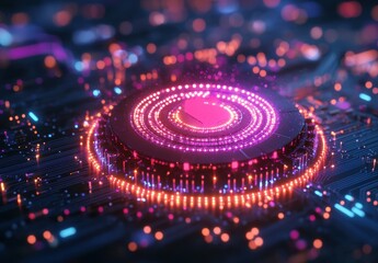 Poster - Futuristic Abstract Digital Visualization of Light Circles on a Circuit Board with Vibrant Colors and Intricate Patterns in a Technology-Inspired Background