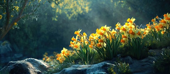 Wall Mural - Sunlit meadow with vibrant yellow daffodils in lush green grass, soft light illuminating petals, rocky foreground, serene natural atmosphere.