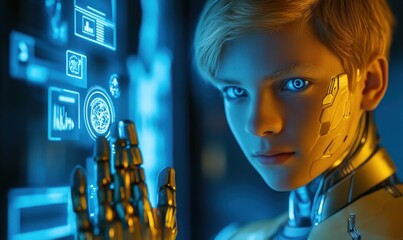 Poster - Futuristic Boy with Robotic Features and Glowing Blue Eyes Interacting with Holographic Interface in a High-Tech Environment