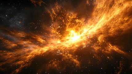 Poster - Vivid explosion of yellow and orange colors in a space nebula visualization with dynamic patterns