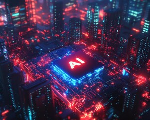 Poster - Futuristic Cityscape at Night Featuring an AI Chip with Neon Lights and Circuit Board Patterns Glowing in a High-Tech Urban Environment