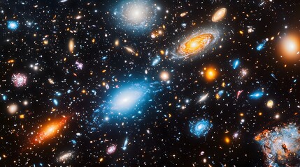Poster - Large group of galaxies in a cosmic background with simulated universe representation in space
