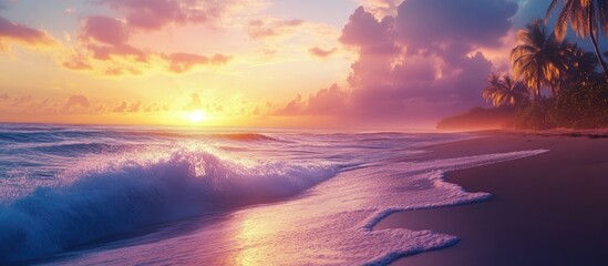 Sticker - Tranquil black sand beach at sunset with soft waves gently rolling ashore vibrant purple and orange sky and palm trees in the background