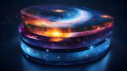 Poster - large round box containing a colorful galaxy and scalable universe diagrams layered in cosmic design