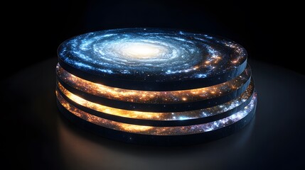 Poster - Large black box with spiral design and layered cosmic diagrams in a scalable universe display