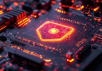 Aufkleber - Futuristic Close-Up of a Computer Circuit Board with Glowing Components and High-Tech Designs Illuminating in Bright Red and Orange Light