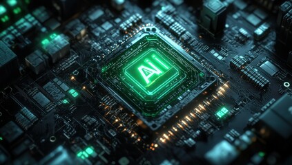 Poster - Futuristic Close-Up of Computer Chip with Glowing AI Symbol on Circuit Board for Technology and Innovation Concepts