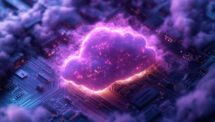 Poster - Futuristic Cloud Computing Concept with Neon Lights on Circuit Board Surrounded by Colorful Smoke and Fog in a High-Tech Environment