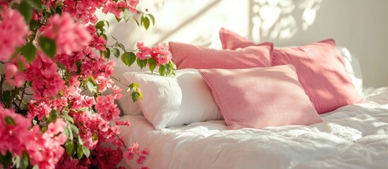 Wall Mural - Serene bedroom with white bedding and soft pink pillows, surrounded by vibrant pink flowers, creating a tranquil summer atmosphere.