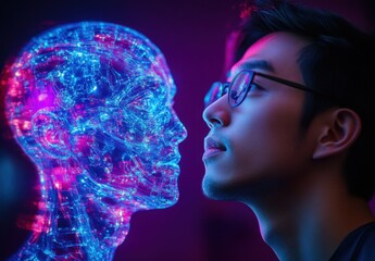Poster - Futuristic Collaboration between Human and Digital Representation in Neon Glow with Technology Elements and Abstract Visualization of Intelligence