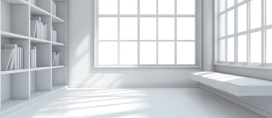 Wall Mural - Bright white bedroom corner with a modern bookcase and a soft bench, adorned with natural light streaming through large windows, creating tranquility.