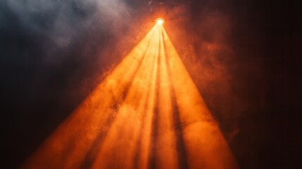Poster - Vibrant orange beams of light break through a swirling fog, illuminating the darkness in a captivating way. The atmosphere feels mystical and artistic, inviting creativity to flourish