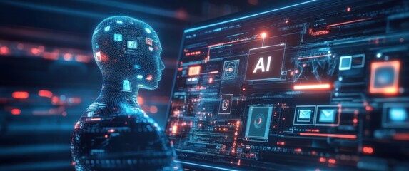 Aufkleber - Futuristic Concept of Artificial Intelligence with Digital Human Figure Interacting with Virtual Data and Technology on Computer Screen in a Cyber Environment