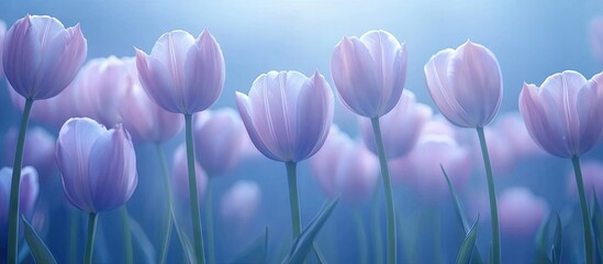 Wall Mural - Elegant soft lavender tulips arranged in a blurred field on a serene blue background with ample soft focus copy space for design elements