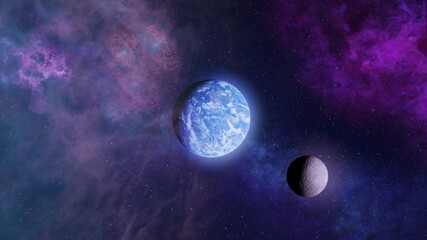 Wall Mural - Earth and its Moon in space

A beautiful view of Earth and its Moon, floating in the vastness of space. The cosmic background features vibrant purple and blue nebulae, enhancing the beauty of this cel