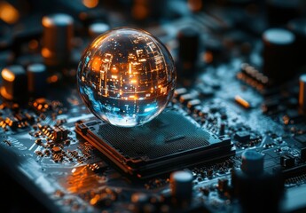 Poster - Futuristic Crystal Sphere on Circuit Board Representing Advanced Technology and Digital Innovation in a High-Tech Environment