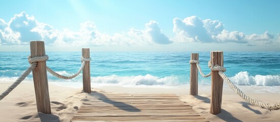 Sticker - Beach scene depicting wooden and rope stairs leading to a serene sandy shore with turquoise waters and fluffy white clouds in a bright blue sky.