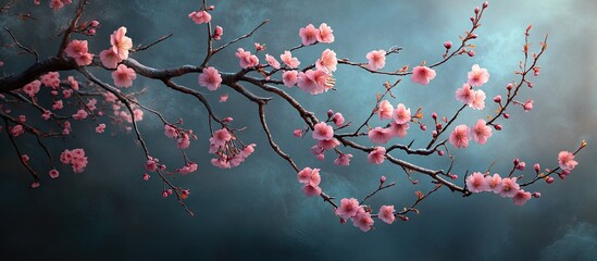 Wall Mural - Delicate pink cherry blossoms with dark branches gracefully extend across a soft blue background, creating a serene and enchanting atmosphere.