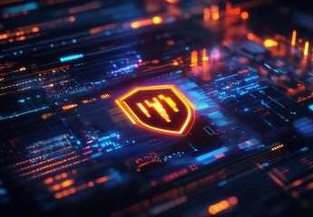 Poster - Futuristic Cyber Shield with Data Streams and Neon Lights Representing Digital Security and Advanced Technology Concepts in a Darkened Background