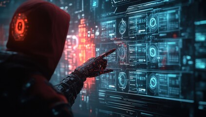 Poster - Futuristic Cybernetic Entity Interacting with Holographic Data Displays in a Dark Neon Environment