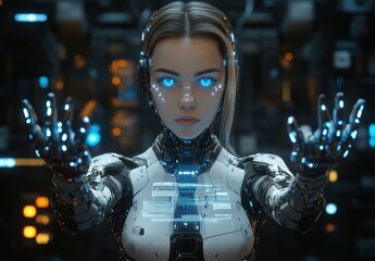 Poster - Futuristic Cybernetic Female Character with Advanced Technology Interface and Glowing Blue Eyes in a High-Tech Environment