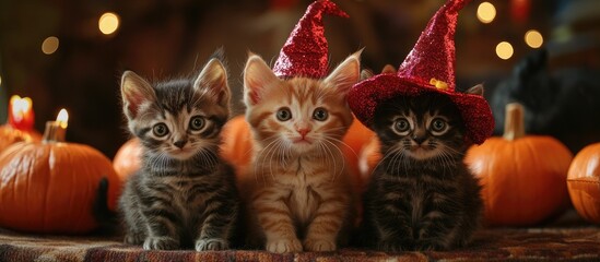 Naklejka na meble Playful kittens wearing colorful witch hats pose beside bright orange pumpkins in a softly lit setting perfect for Halloween festivities.