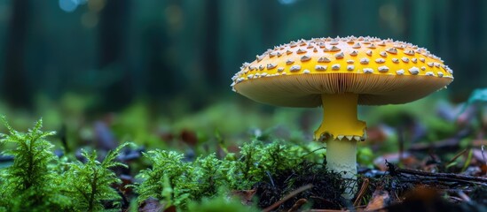 Sticker - Close up of vibrant yellow spotted mushroom in lush green forest surrounded by moss showcasing intricate details and natural beauty in soft lighting