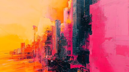 Poster - Painting of a vibrant cityscape with multi-layered simulations and artistic visualizations