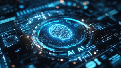 Poster - Futuristic Digital Brain Illustration with AI Elements in a High-Tech Background for Technology and Innovation Themes