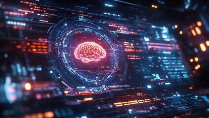 Poster - Futuristic Digital Brain Interface with Neon Lights and Circuit Patterns in a High-Tech Laboratory Environment