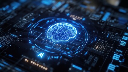 Aufkleber - Futuristic Digital Brain Interface with Neural Connections and Glowing Circuit Background Representing Artificial Intelligence and Technology Innovation