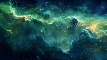 Poster - Vibrant green nebula with luminous planetary textures illuminated in a cosmic scene