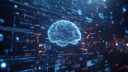 Poster - Futuristic digital brain representation with glowing circuitry and data patterns in a virtual technology environment showcasing artificial intelligence concepts